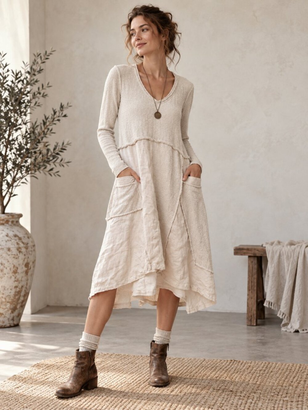 Anthropologie Maeve Mixed Media Linen Cotton Patchwork Dress Size Small